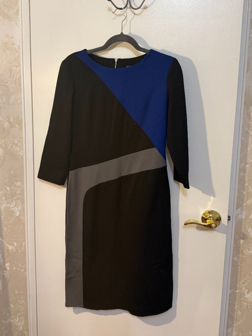 Gabby Skye Color Block Sheath Dress, Black/Blue/Gray, 3/4 Sleeve